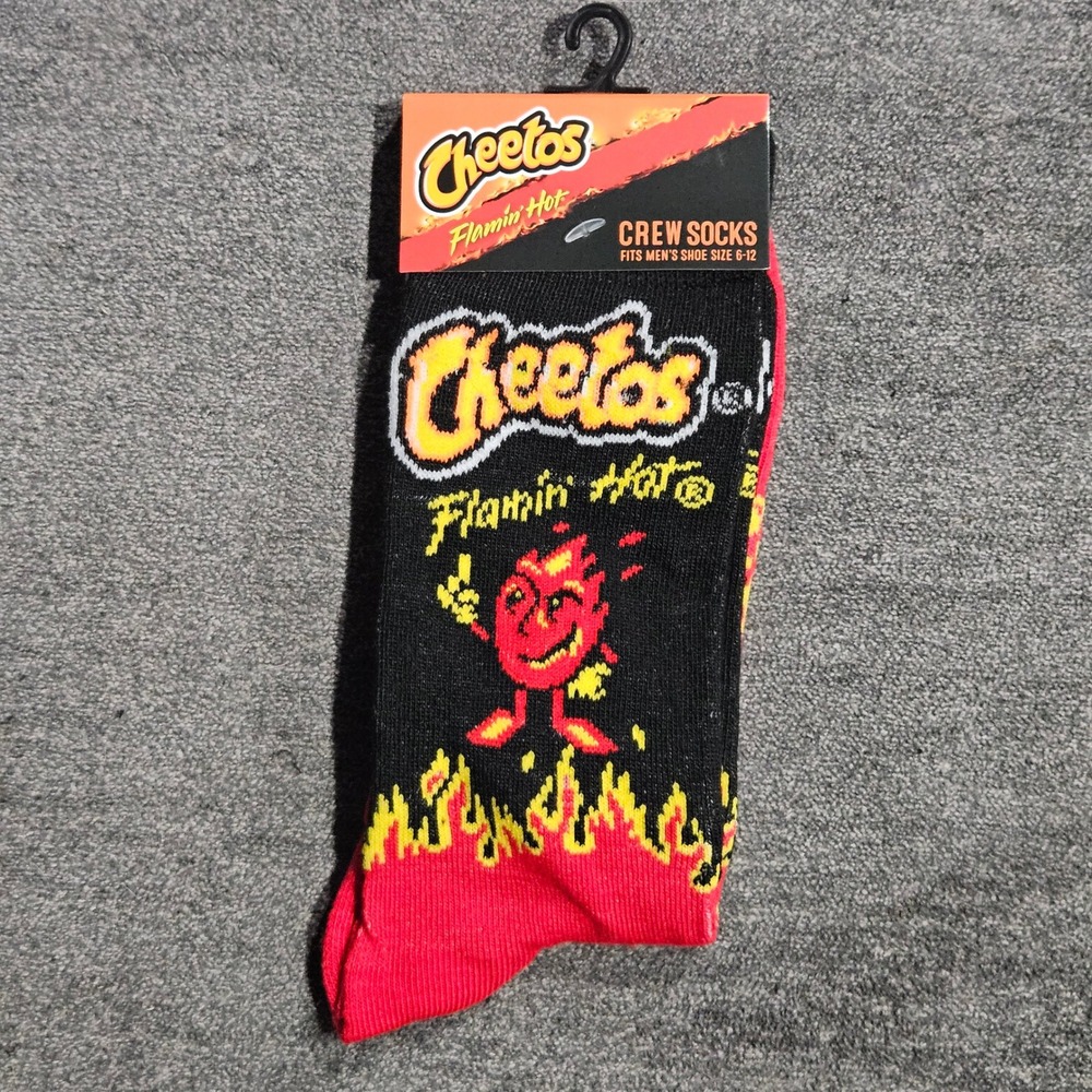 Cheetos Flamin Hot Mens Crew Socks Black Red Flame Logo Shoe Size 6-12 New